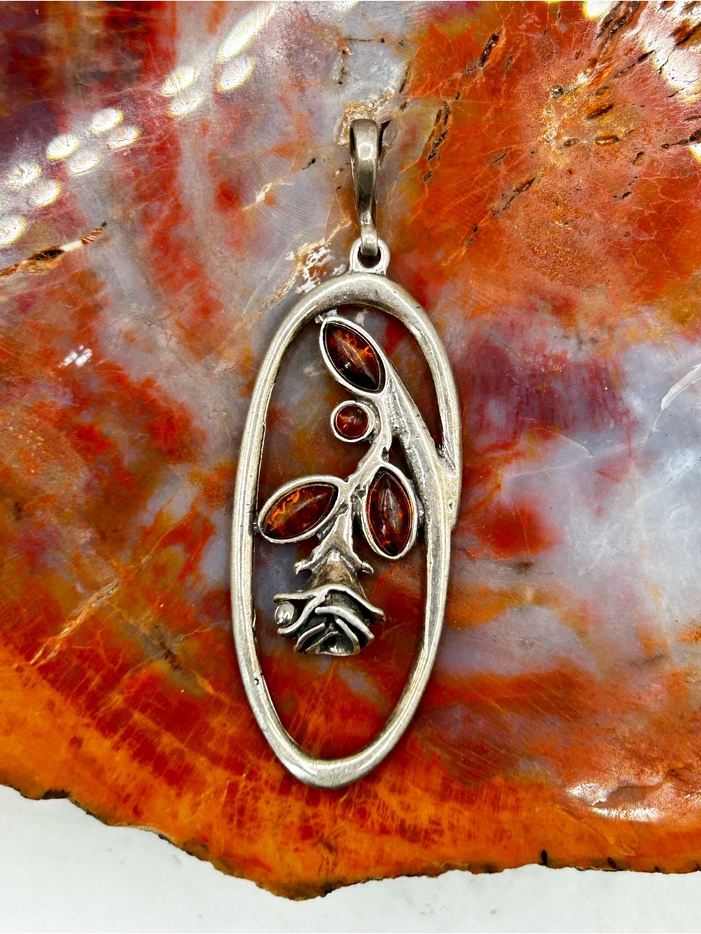 Sterling Silver Amber Floral Pendant